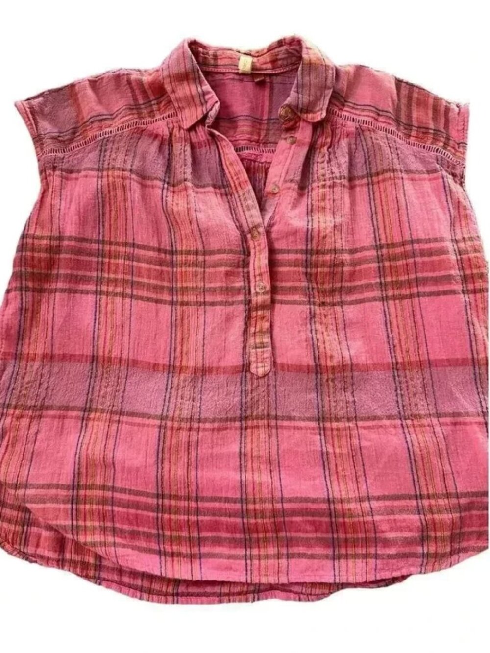 Pilcro Women's Pink Sleeveless Collared Plaid Button-Up Shirt Size Small